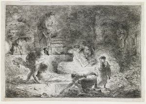 Tobit Burying the Dead, n. 1650 tekijältä Giovanni Benedetto Castiglione